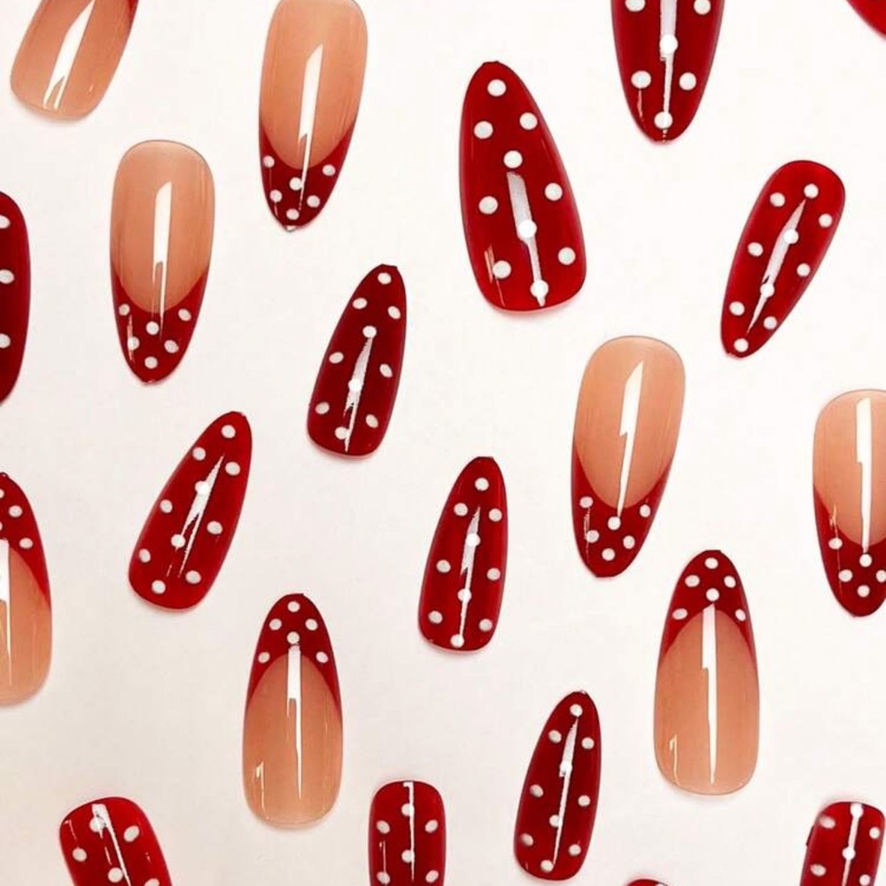 24pcs/Set Red French Tip White Polka Dot Almond Shaped Press-On Nails, Y2K Wear - Picture 2 of 4